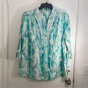 JM Collection NWT Women’s Green White Blouse Tunic 16W 100% Linen Lace Details